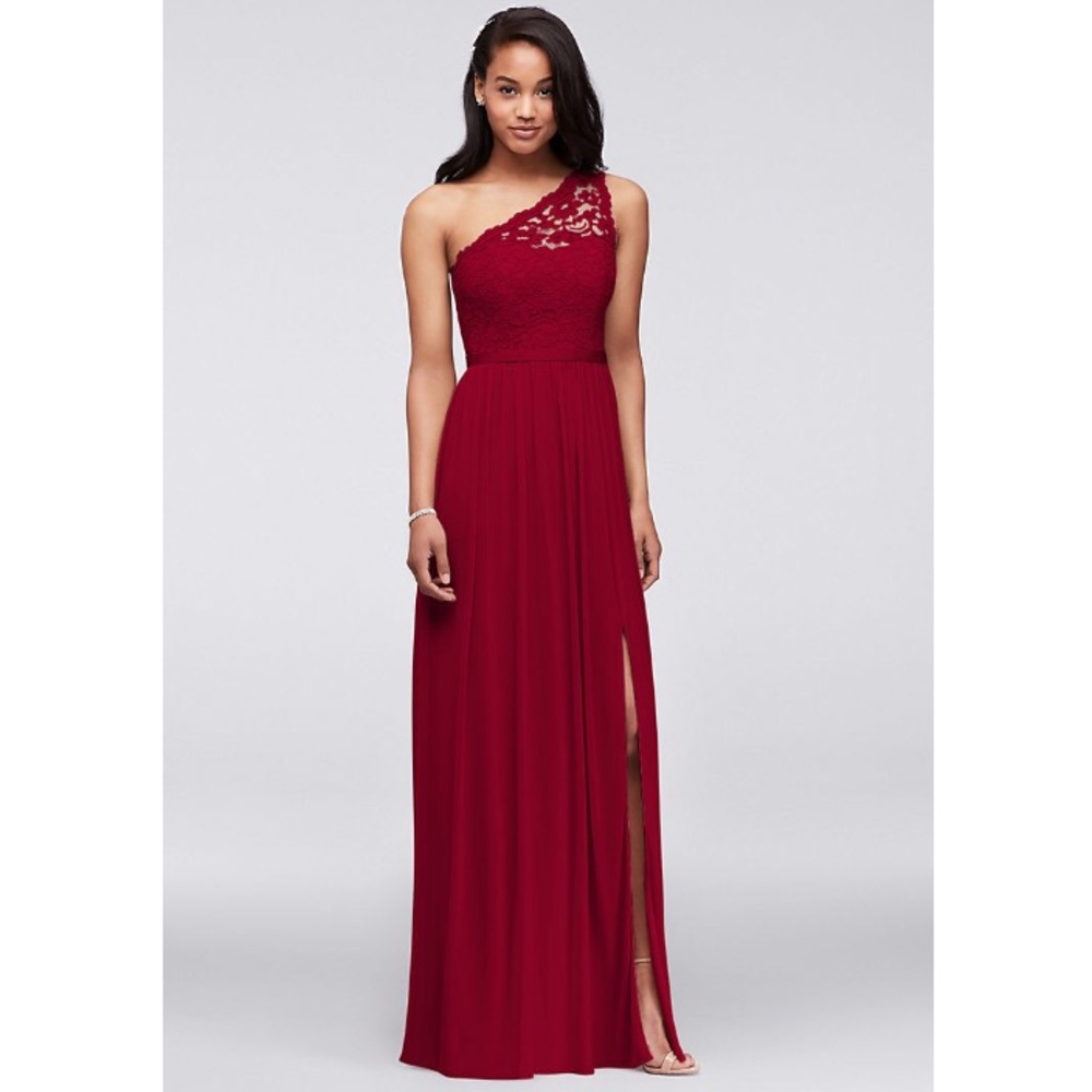 David’s Bridal Lace One Shoulder Dress Apple Red